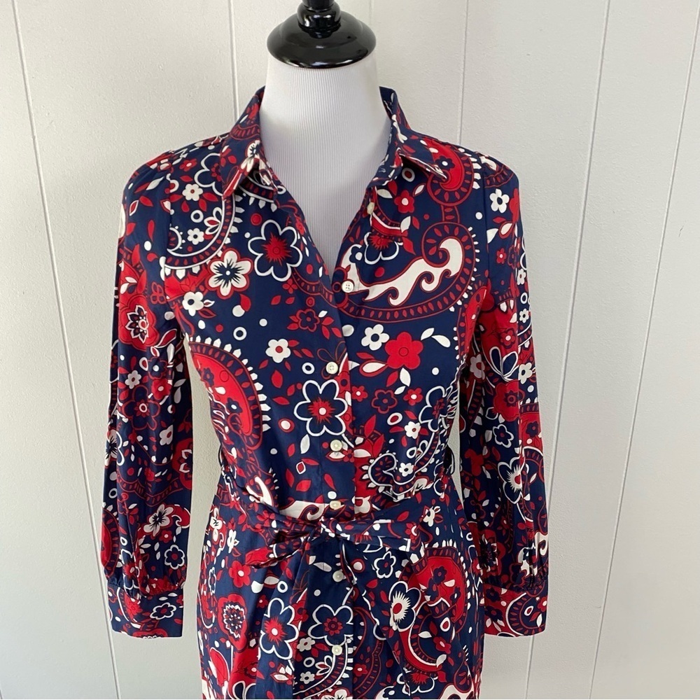 NWT Talbots Paisley Poplin Shirt Dress Size 2P Red Blue Old Money Cotton Belted - Picture 4 of 15